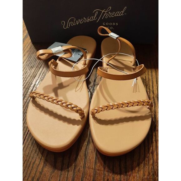 New Size 9 Universal Thread Tan Tommie Ankle Strap Flat Sandals Summer Shoes NWT - Picture 2 of 5